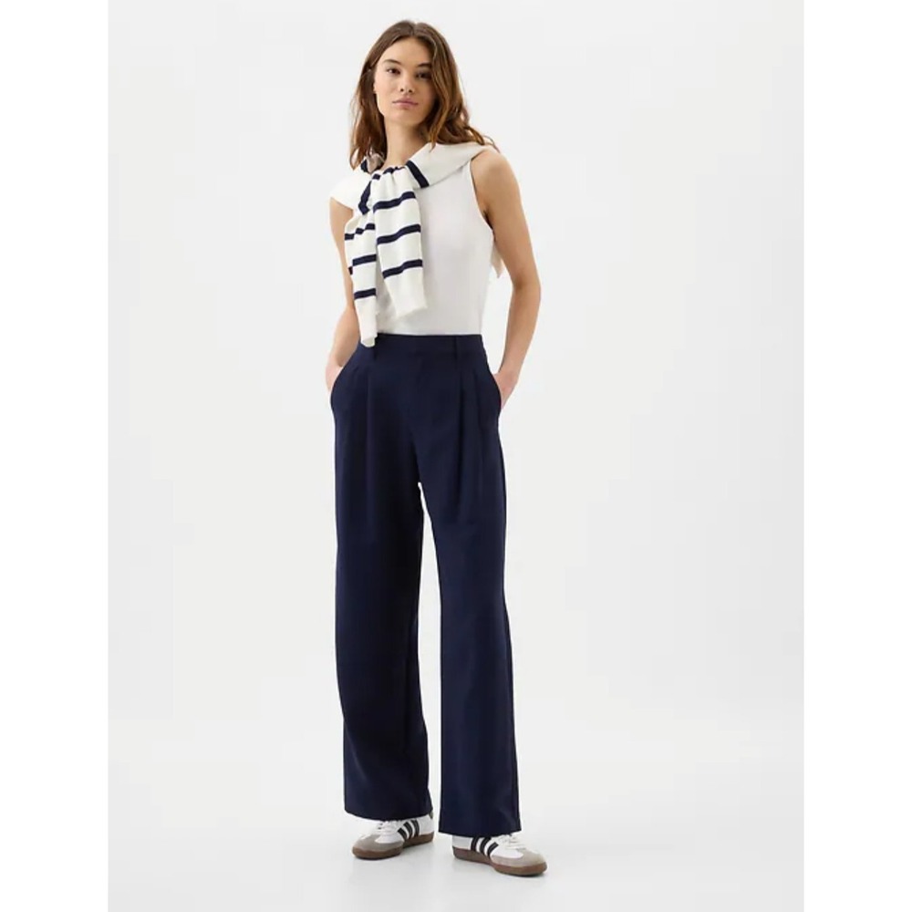 New Gap Trousers Size 8 Tall Wide Leg Pleated Navy‎ Blue Easy Crepe High Waisted